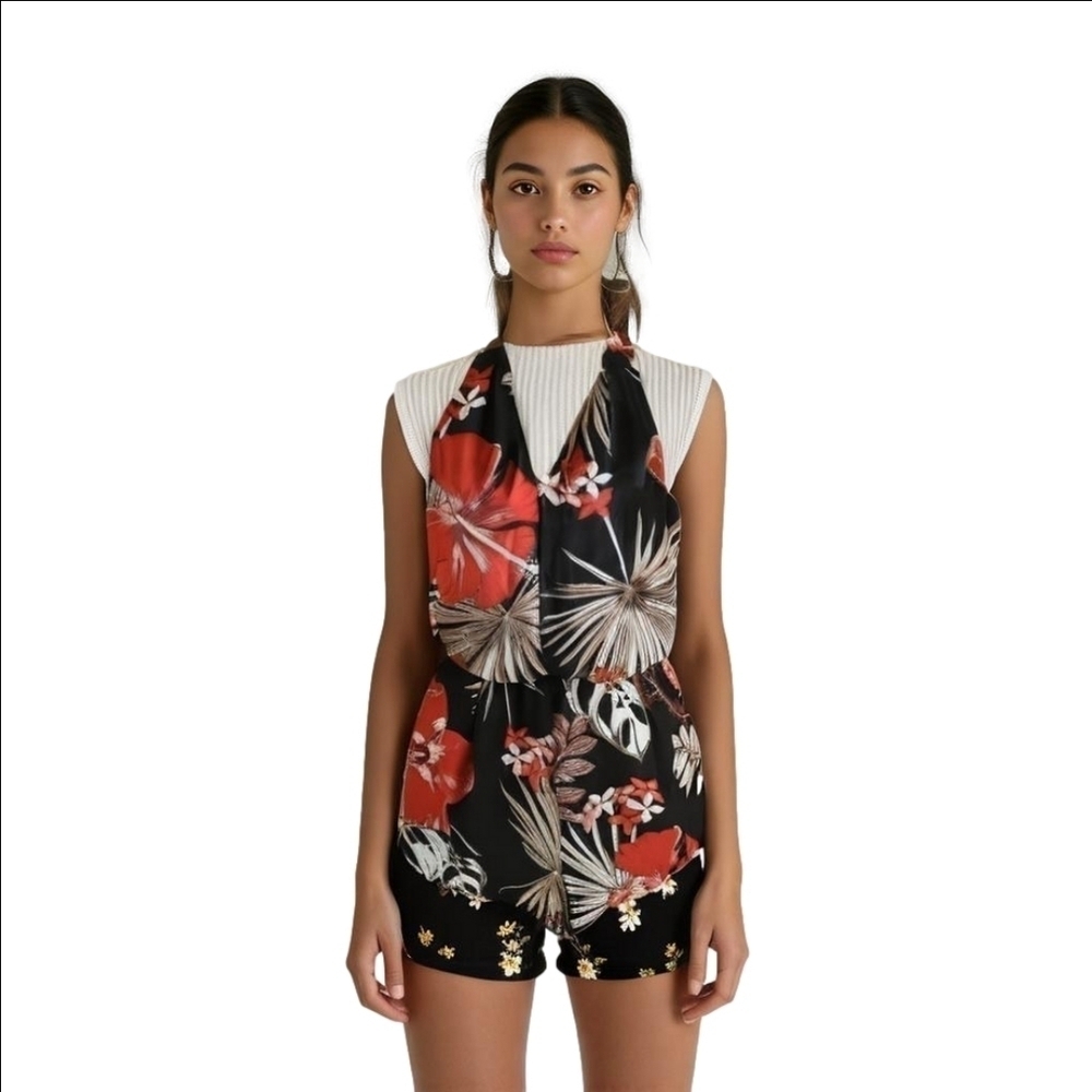 Dynamite | vneck halter romper one piece | small | black red hibiscus dress - Picture 2 of 15
